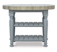 Round kitchen island with wooden top and two shelves on a white background