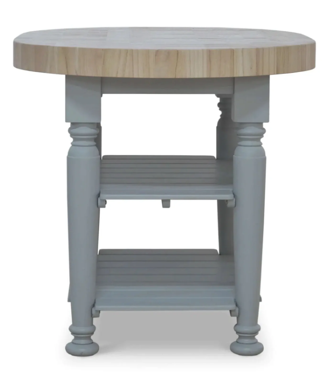 Round table with wooden top and light blue base on a white background