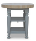Round table with wooden top and light blue base on a white background