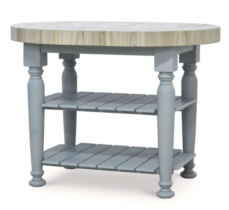 oval kitchen island, light blue, with two shelves and a light wooden top