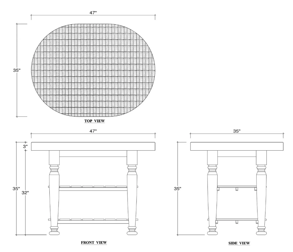 Technical drawing of an oval kitchen island table with dimensions labeled