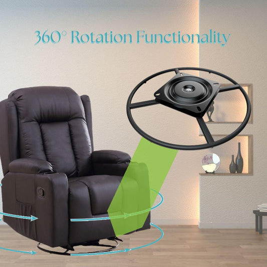 Black recliner chair with 360-degree rotation functionality illustration in a living room setting.