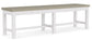 A white dining bench with a soft grey top and random match oak veneer detailing.