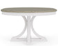 Round dining table with a white top and a grey-colored leaf, constructed of select hardwoods and random matched oak veneers, with an arched pedestal base.
