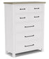 A white 5-drawer chest with a soft grey top and black hardware.