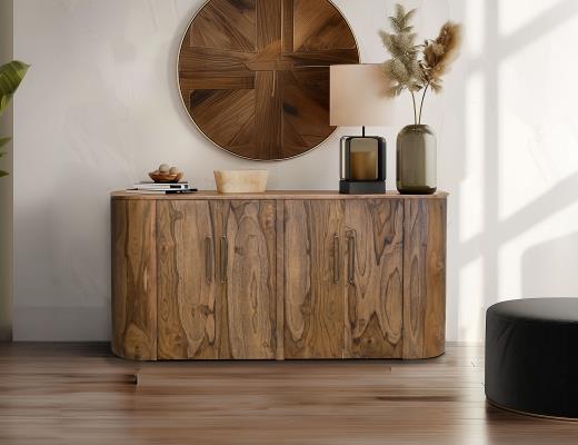 Wooden sideboard with decorative items in a modern living room.