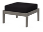 A navy cushioned deep seating ottoman with a driftwood frame, made from all-weather materials suitable for outdoor use.