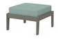 A light blue cushioned deep seating ottoman with a driftwood frame, made from all-weather materials suitable for outdoor use.