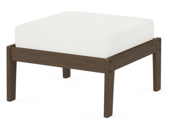 A white cushioned deep seating ottoman with a kona frame, made from all-weather materials suitable for outdoor use.