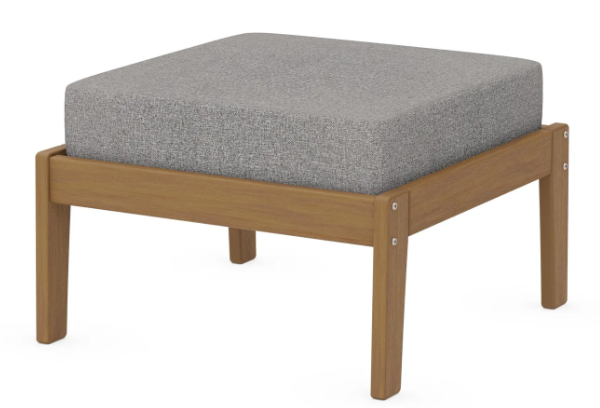A gray cushioned deep seating ottoman with a natural frame, made from all-weather materials suitable for outdoor use.
