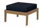 A navy cushioned deep seating ottoman with a natural frame, made from all-weather materials suitable for outdoor use.