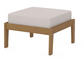 A cream cushioned deep seating ottoman with a natural frame, made from all-weather materials suitable for outdoor use.