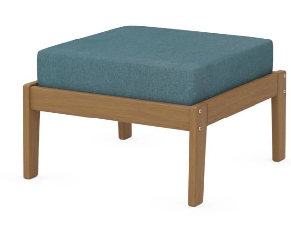 A teal cushioned deep seating ottoman with a natural frame, made from all-weather materials suitable for outdoor use.
