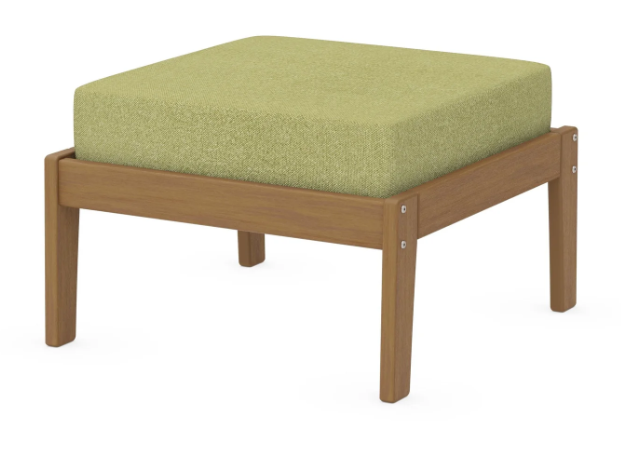 A green cushioned deep seating ottoman with a natural frame, made from all-weather materials suitable for outdoor use.