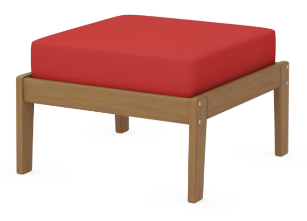 A red cushioned deep seating ottoman with a natural frame, made from all-weather materials suitable for outdoor use.