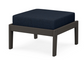 A dark blue cushioned deep seating ottoman with a vintage coffee frame, made from all-weather materials suitable for outdoor use.