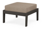 A beige cushioned deep seating ottoman with a vintage coffee frame, made from all-weather materials suitable for outdoor use.