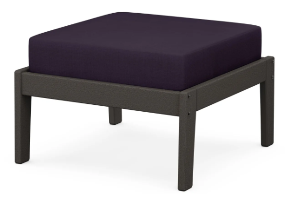 A dark blue cushioned deep seating ottoman with a vintage coffee frame, made from all-weather materials suitable for outdoor use.