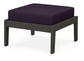 A dark blue cushioned deep seating ottoman with a vintage coffee frame, made from all-weather materials suitable for outdoor use.