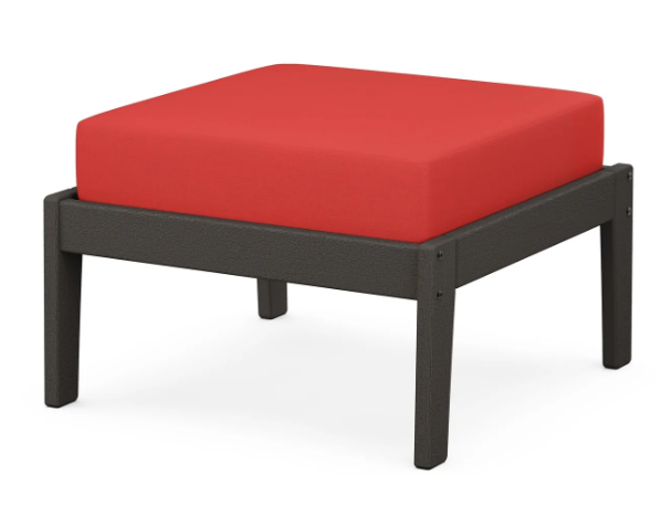 A red cushioned deep seating ottoman with a vintage coffee frame, made from all-weather materials suitable for outdoor use.