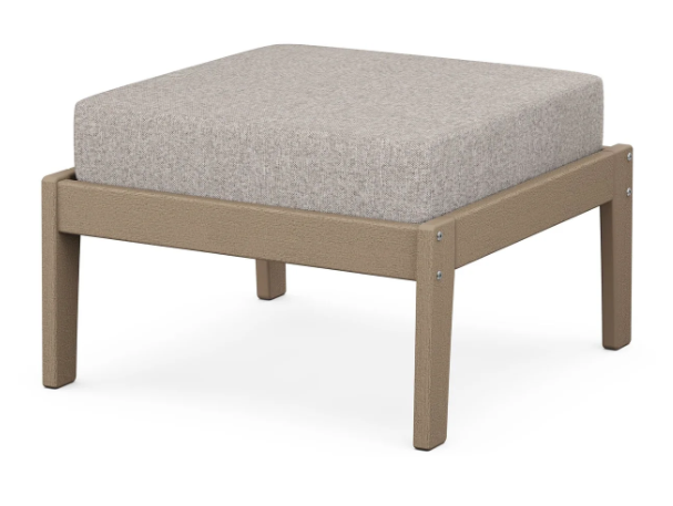 A gray cushioned deep seating ottoman with a vintage sahara frame, made from all-weather materials suitable for outdoor use.