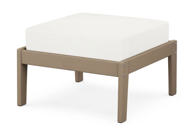 A white cushioned deep seating ottoman with a vintage sahara frame, made from all-weather materials suitable for outdoor use.