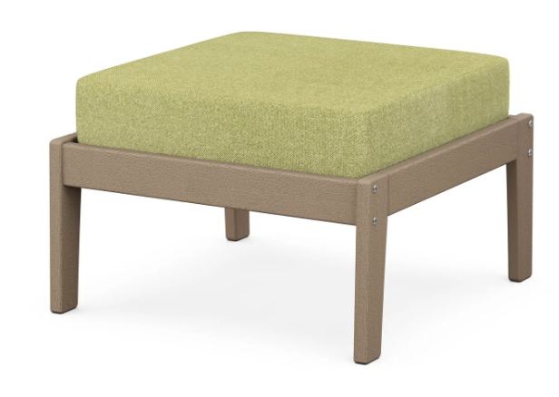 A green cushioned deep seating ottoman with a vintage sahara frame, made from all-weather materials suitable for outdoor use.