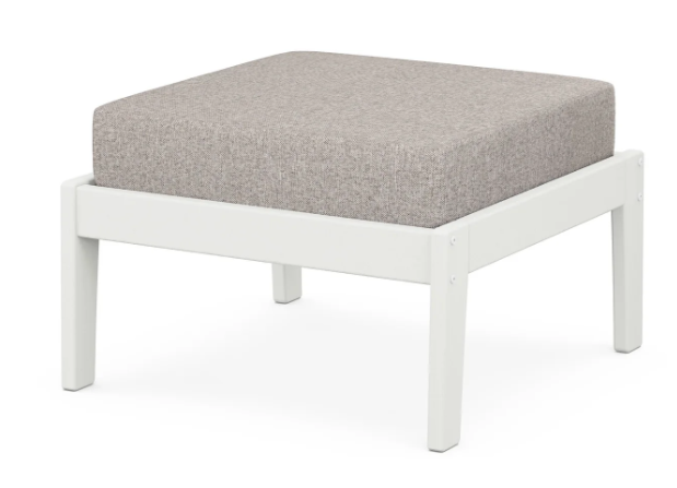 A gray cushioned deep seating ottoman with a vintage white frame, made from all-weather materials suitable for outdoor use.