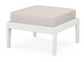 A cream cushioned deep seating ottoman with a vintage white frame, made from all-weather materials suitable for outdoor use.
