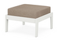 A beige cushioned deep seating ottoman with a vintage white frame, made from all-weather materials suitable for outdoor use.