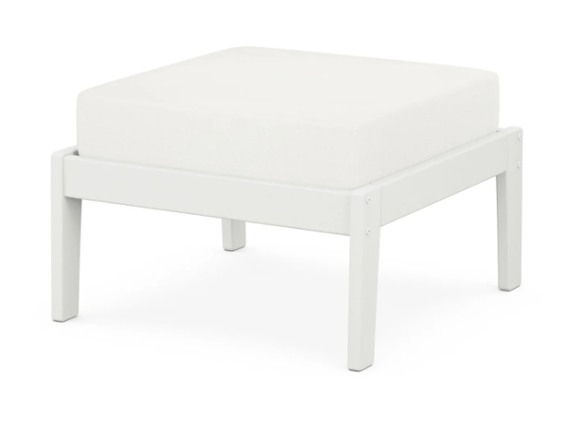 A white cushioned deep seating ottoman with a vintage white frame, made from all-weather materials suitable for outdoor use.