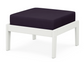 A dark blue cushioned deep seating ottoman with a vintage white frame, made from all-weather materials suitable for outdoor use.