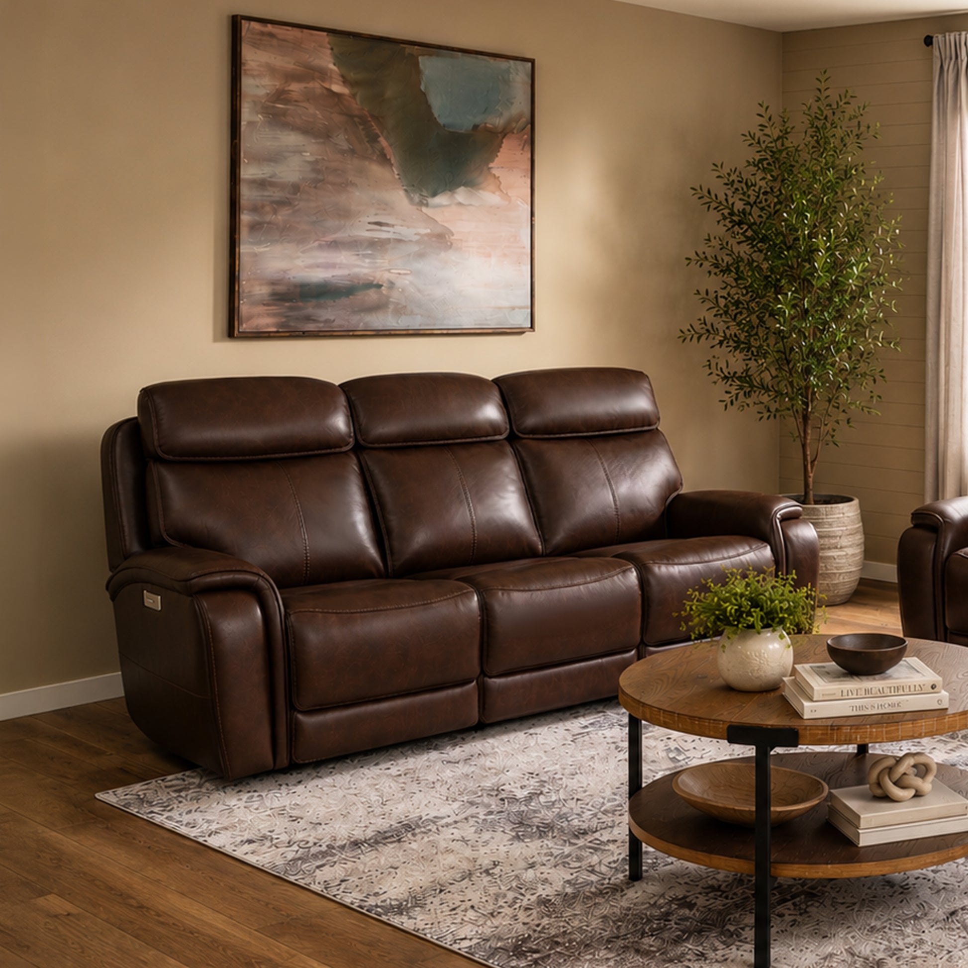 Flexsteel Walker Power Reclining Sofa w/ Console, Power Headrest & Lumbar
