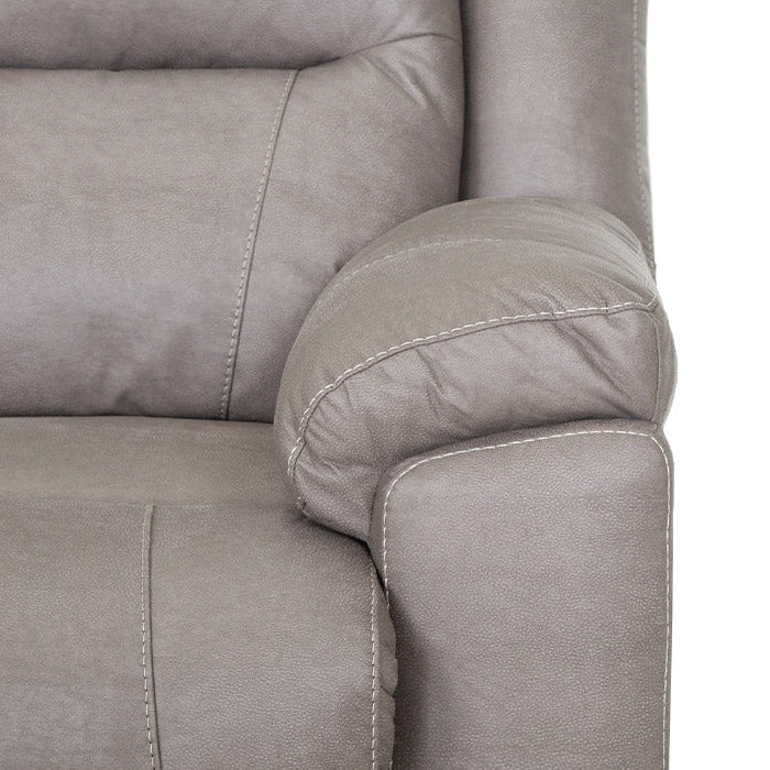 Close-up of a gray sofa with visible stitching on a white background