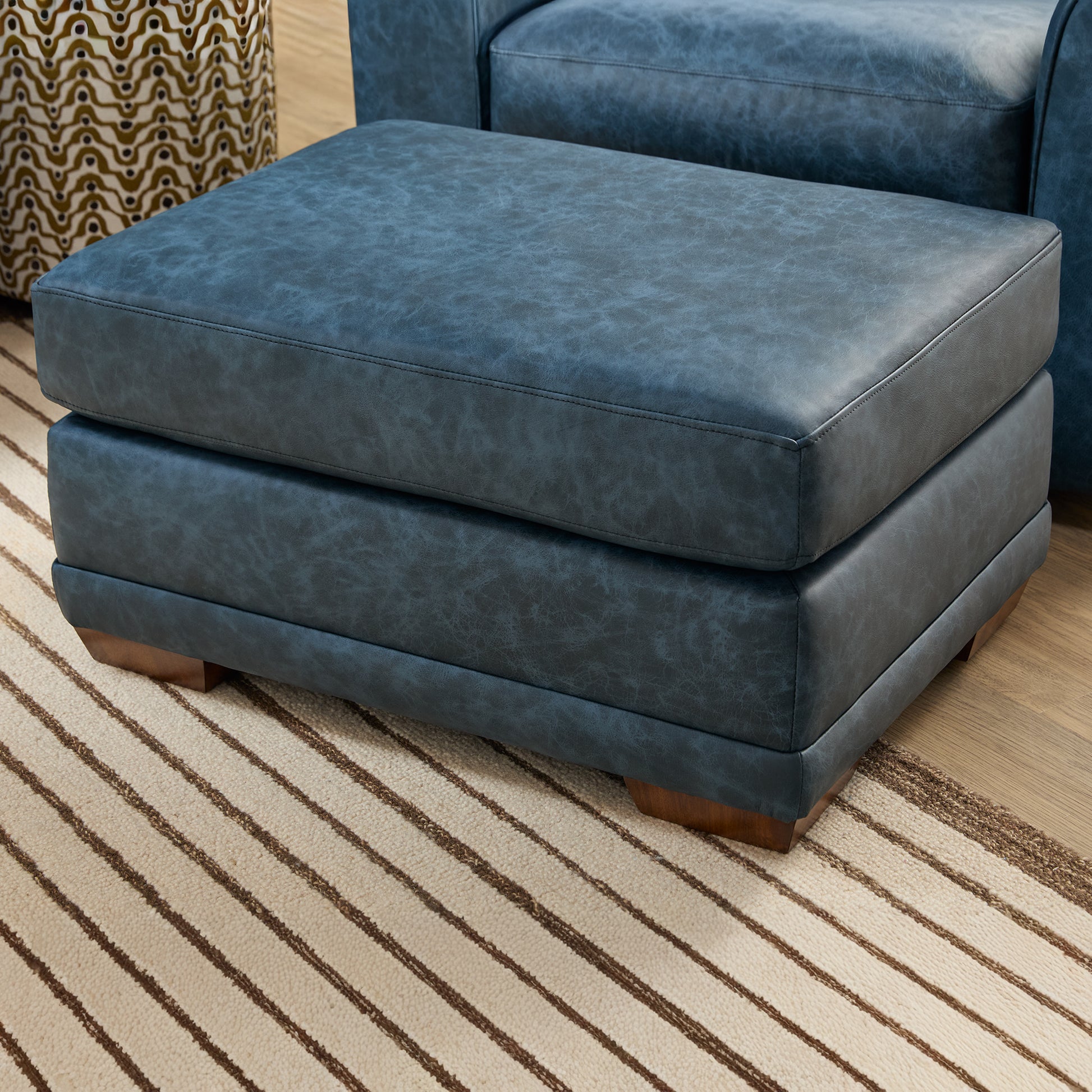 Jewel Leather Ottoman - Worn Blue