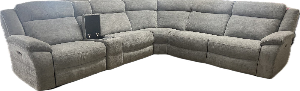 Gray sectional sofa with reclining feature on a white background