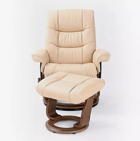 Beige recliner chair with ottoman on a white background