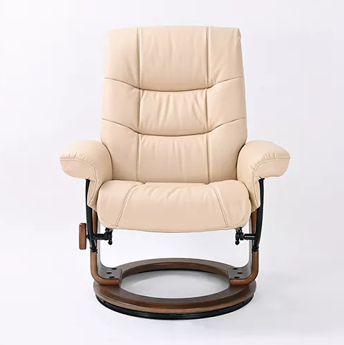Beige recliner chair with wooden base on a white background