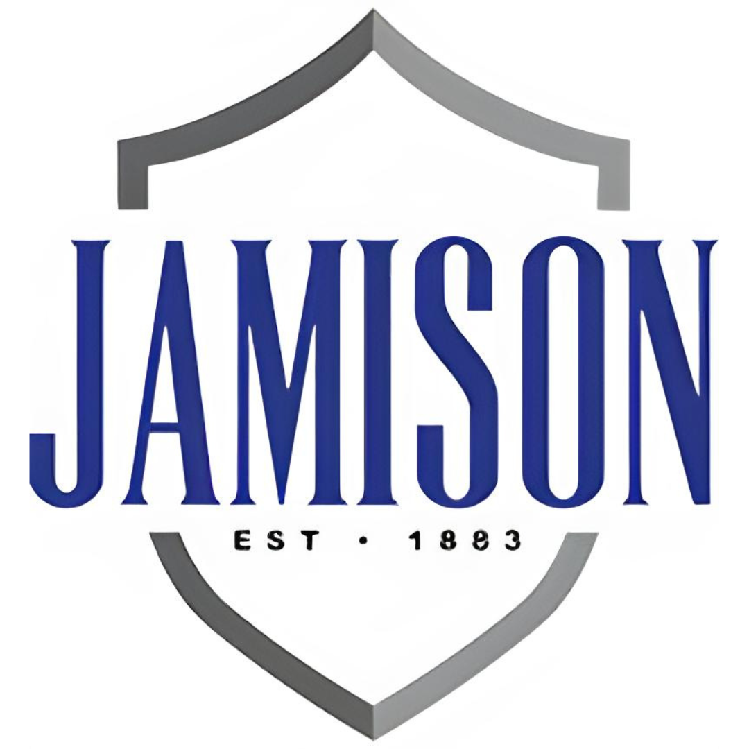 Jamison logo with blue text and gray shield on a white background