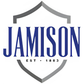 Jamison logo with blue text and gray shield on a white background