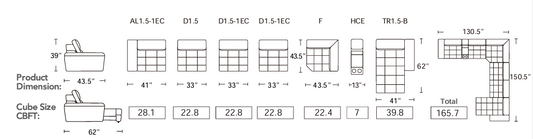 sectional pieces with their dimensions
