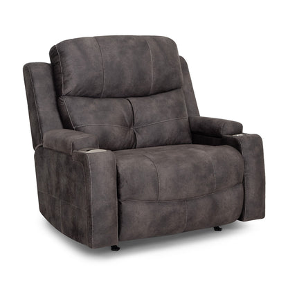 A brown upholstered chair and a half recliner with power recline feature, dual storage arms, and a built-in cupholder.