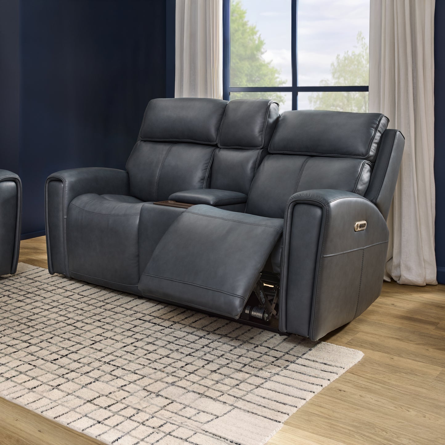 Flexsteel Warren Leather Power Reclining Loveseat with Console, Power Headrest & Lumbar