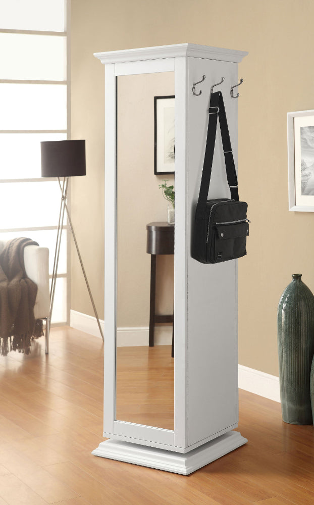 White standing mirror with coat hooks in a room setting