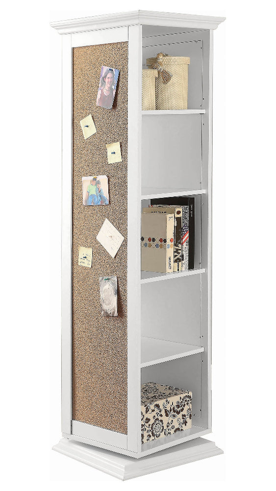 Tall white bookshelf with a cork bulletin board on one side, filled with decorative items.