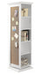 Tall white bookshelf with a cork bulletin board on one side, filled with decorative items.