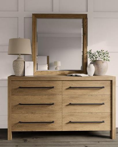 Davie Upholstered Bed, Mirrored Dresser, Chest, and Nightstand