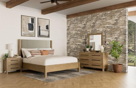 Davie Upholstered Bed, Mirrored Dresser, Chest, and Nightstand