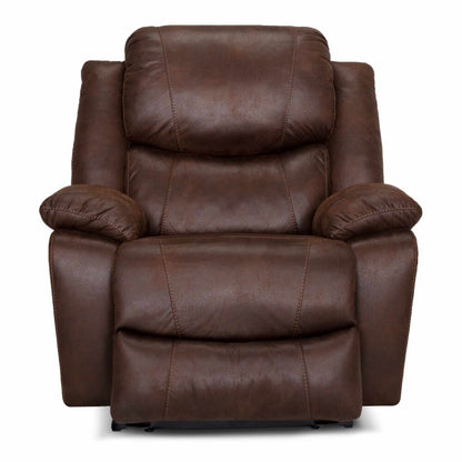 An oversized brown leather rocker recliner with a high back and wide seating area, from the Titan Recliner Collection.