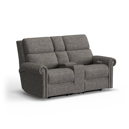 Flexsteel Bernard Power Reclining Loveseat with Console, Power Headrest, & Lumbar